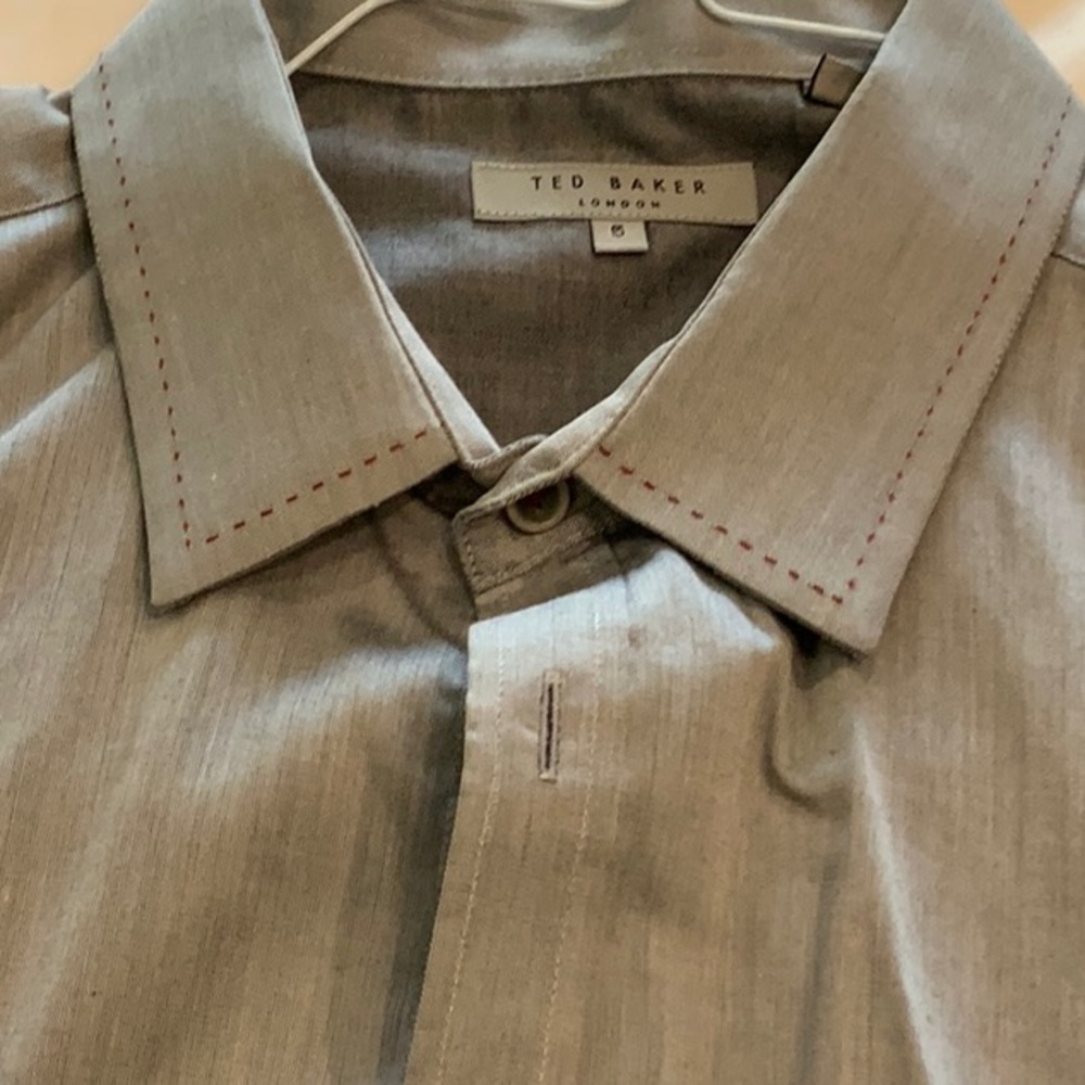 Ted baker medium grey dress shirt trimmed in reddish burgundy